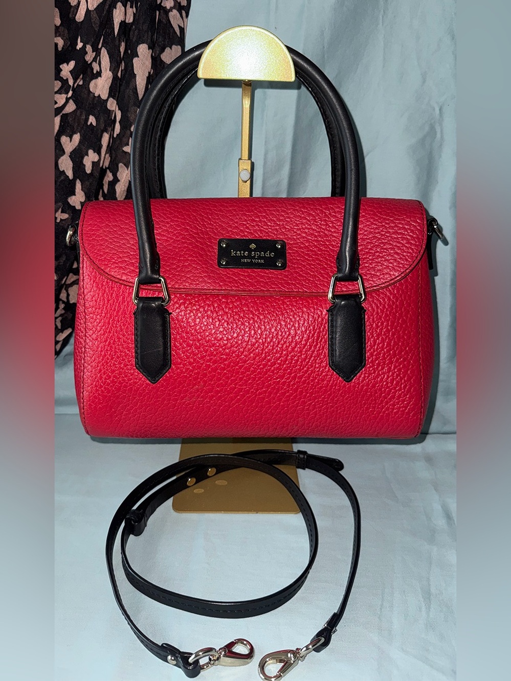 kate spade Red Pebbled Leather Satchel with Black Handles & Strap